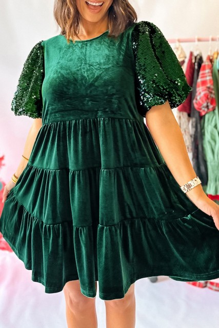Evergreen Sequin Puff Sleeve High Waist Tiered Velvet Mini Dress LC6126032-P2509