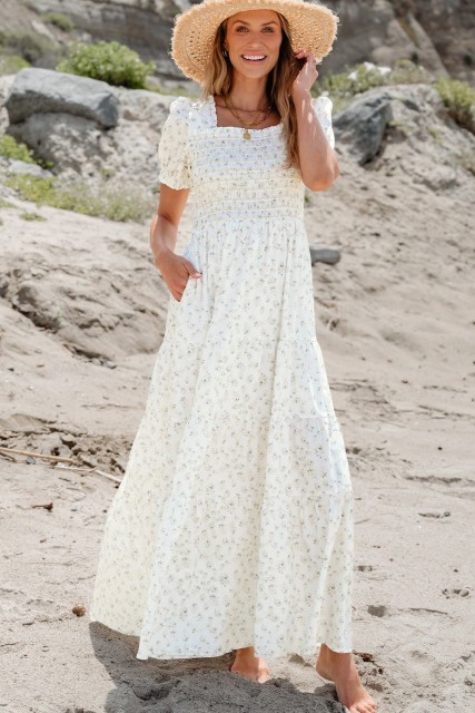 White Frilly Shirred Bodice Tiered Floral Maxi Dress LC6120665-P1