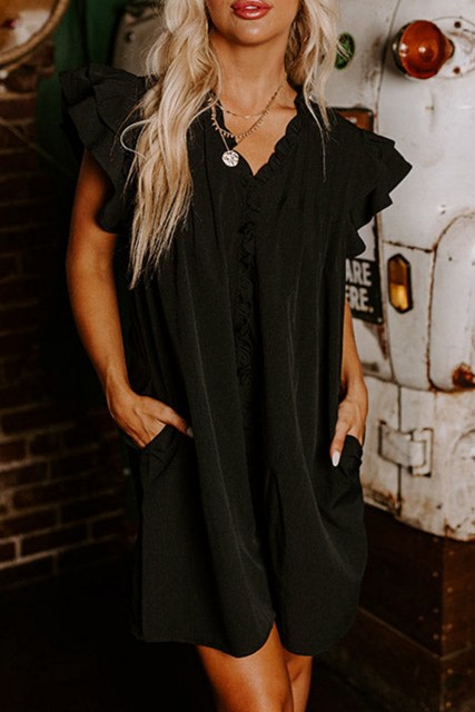 Black Frilled V Neck Pleated Ruffle Detail Short Shift Dress LC6120674-P2